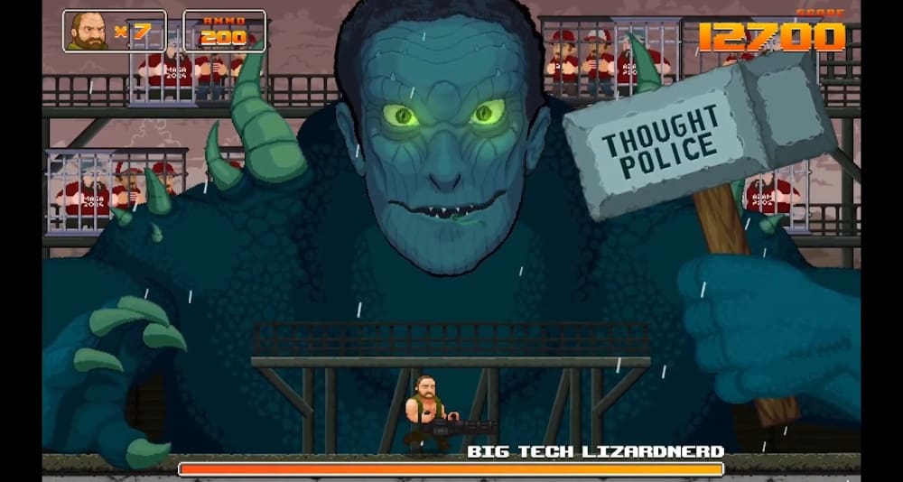 Alex Jones battles the 'Big Tech Lizardnerd' in the game Alex Jones: NWO Wars.