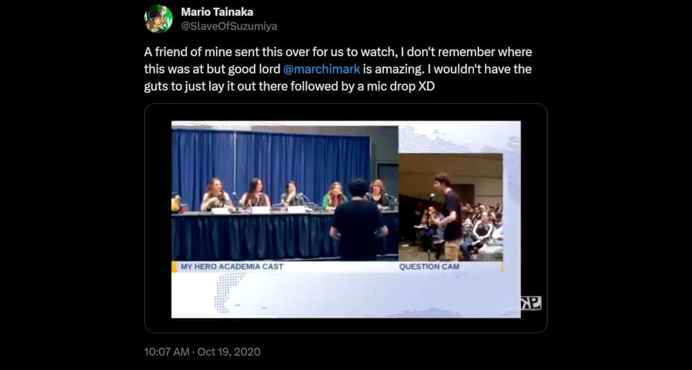 A tweet from a now deleted YouTube video of Jamie Marchi at a question and answer panel at SacAnime 2018