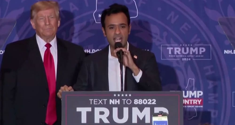 Vivek Ramaswamy speaks at a Donald Trump rally in New Hampshire after dropping out of the GOP Presidential Primary and endorsing the former President.