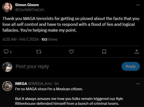 Gloom, Trump reply guy, wrongly concludes that only MAGA would defend Kyle Rittenhouse.