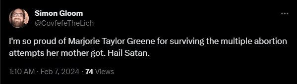 Gloom praises Satan while mocking Marjorie Taylor Greene.