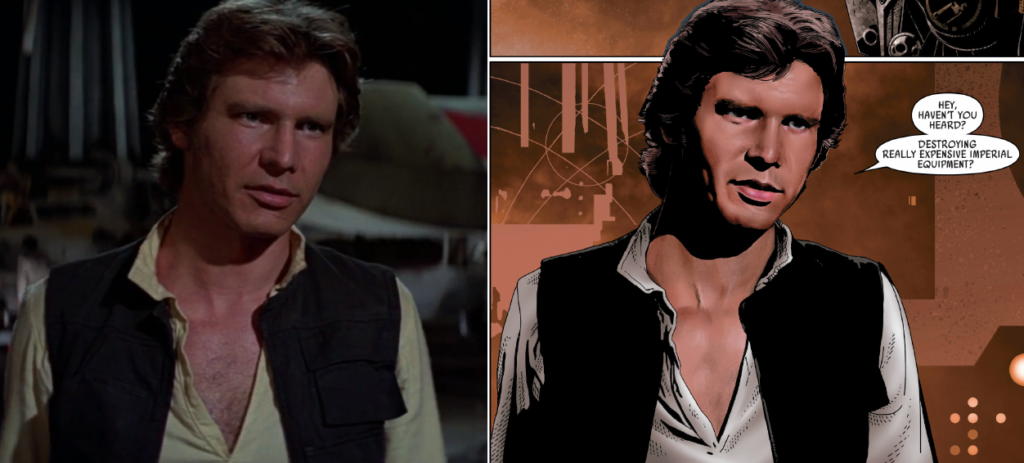 Star Wars #38 by Salvador Larroca compared with The Empire Strikes Back still frame