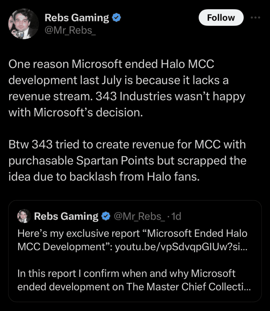 Halo, Master Chief Collection, MCC, 343 Industries, Microsoft, video game development, video game leaks, Halo Infinite, Halo 5, Rebs Gaming, monetization, revenue stream, Spartan Points, cut content, insider information