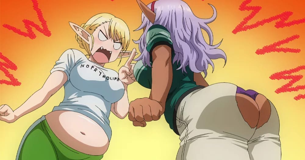 Elfuda argues with dark elf Kuroeda in the trailer for the upcoming anime series Elf-san wa Yaserarenai (Miss Elf Can't Lose Weight) localized in the west as "Plus-Sized Elf"