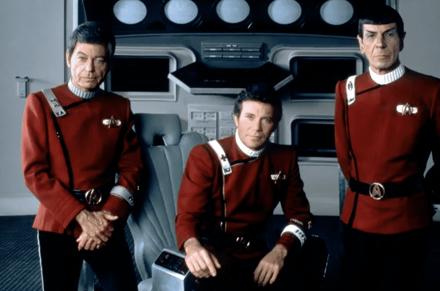 Leonard Nimoy, William Shatner, and DeForest Kelley in Star Trek II: The Wrath of Khan (1982)