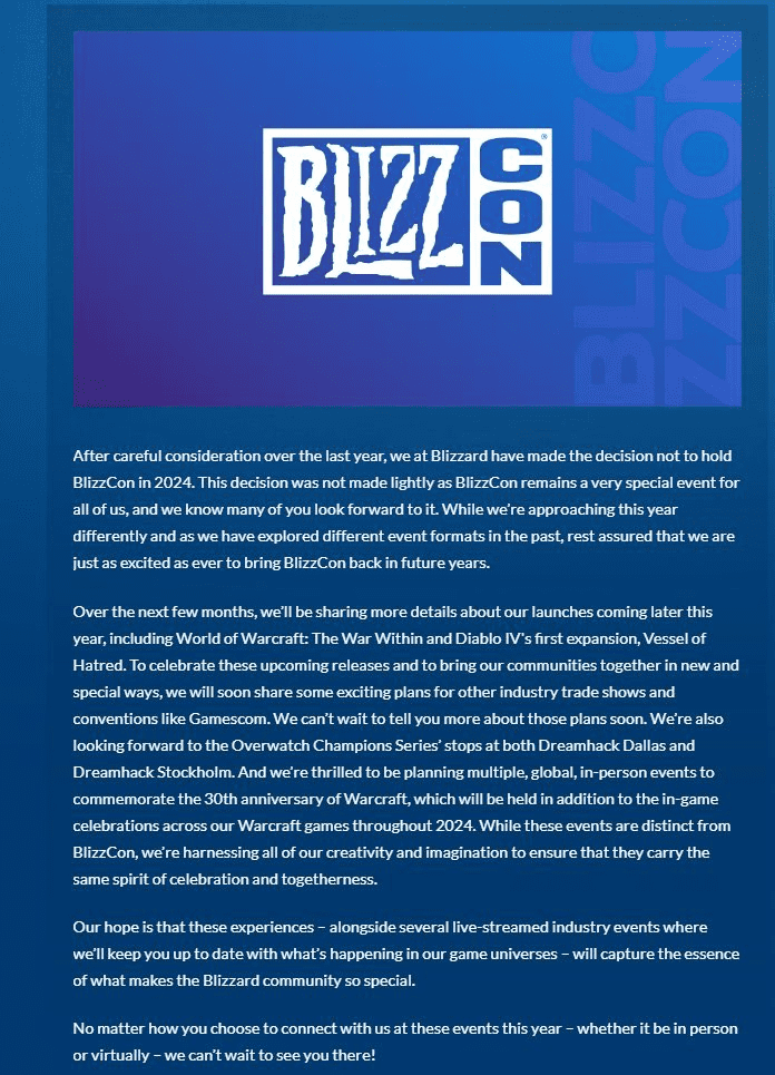 BlizzCon
Blizzard
BlizzCon canceled
BlizzCon 2024